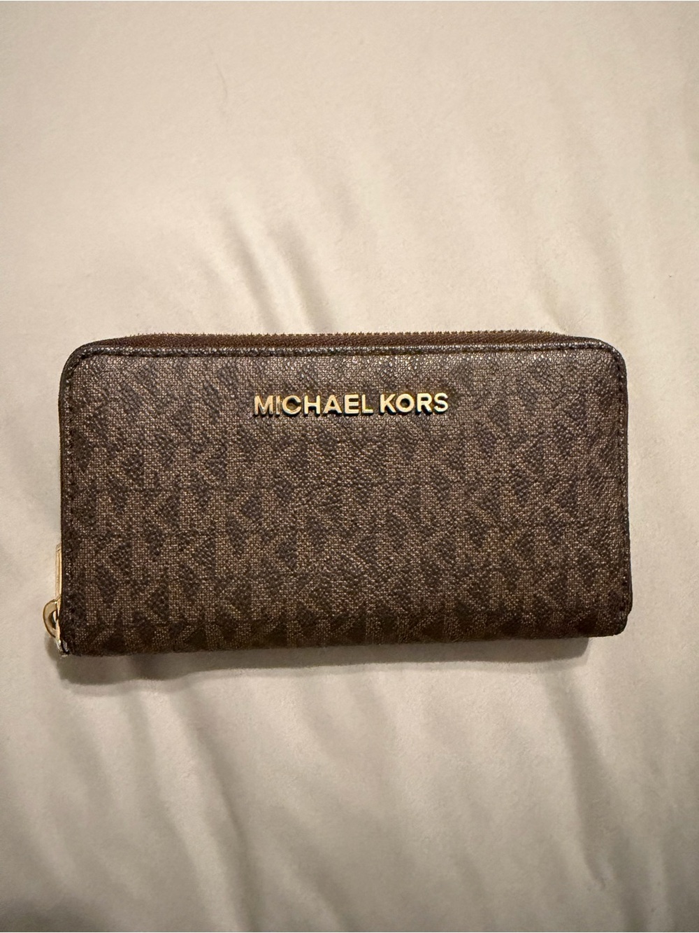 Michael Kors Brown MK Logo Zip Wallet with Gold Hardware
